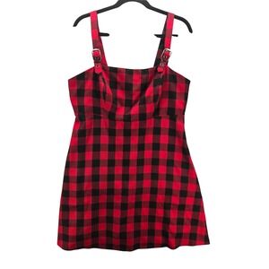 Hot Topic Red Black Buffalo Plaid Pinafore Dress Buckle Strap XXL Pockets Grunge